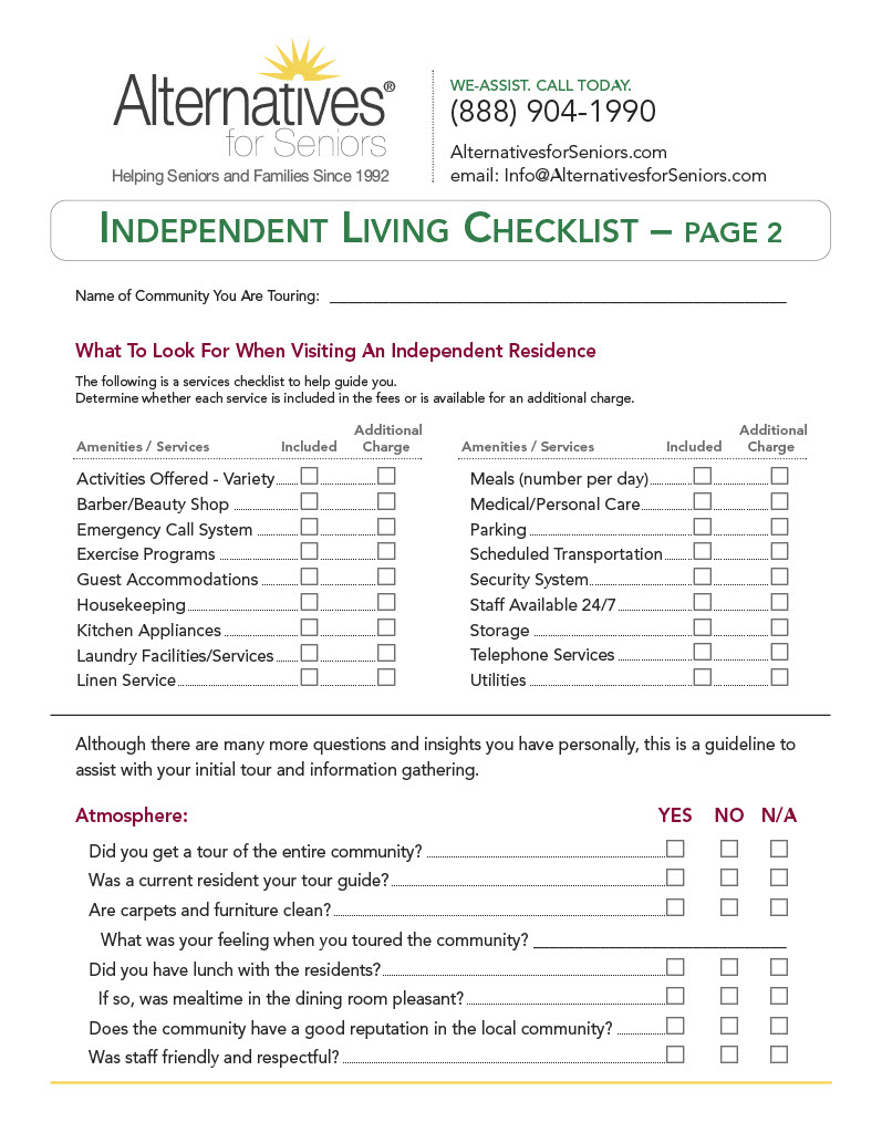 Independent Living Checklist Alternatives For Seniors